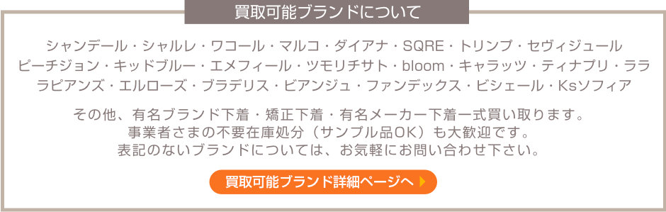 シャンデール・シャルレ・ワコール・マルコ・ダイアナ・SQRE・トリンプ・セヴィジュール・ピーチジョン・キッドブルー・エメフィール・ツモリチサト・bloom・キャラッツ・ティナプリ・ララ・ラピアンズ・エルローズ・ブラデリス・ビアンジュ・ファンデックス・ビシェール・Ksソフィア。その他、有名ブランド下着・矯正下着・有名メーカー下着一式買い取ります。事業者さまの不要在庫処分（サンプル品OK）も大歓迎です。表記のないブランドについては、お気軽にお問い合わせ下さい。