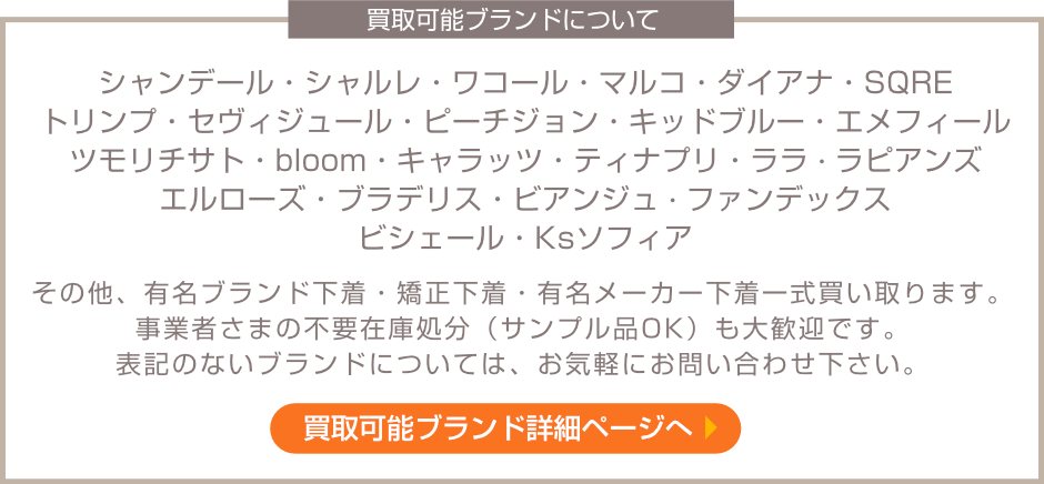 シャンデール・シャルレ・ワコール・マルコ・ダイアナ・SQRE・トリンプ・セヴィジュール・ピーチジョン・キッドブルー・エメフィール・ツモリチサト・bloom・キャラッツ・ティナプリ・ララ・ラピアンズ・エルローズ・ブラデリス・ビアンジュ・ファンデックス・ビシェール・Ksソフィア。その他、有名ブランド下着・矯正下着・有名メーカー下着一式買い取ります。事業者さまの不要在庫処分（サンプル品OK）も大歓迎です。表記のないブランドについては、お気軽にお問い合わせ下さい。